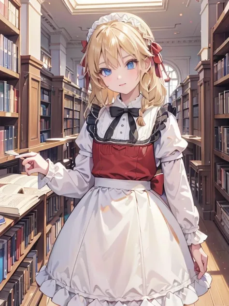 masterpiece,   best quality ,  Very detailed, 16k,   ultra high resolution,   girl,  detailed face ,  blue eyes,  blonde alone,  braided ,  red ribbon on her head ,  black maid clothes,  western style building , Library ai, Bookshelf, Many books