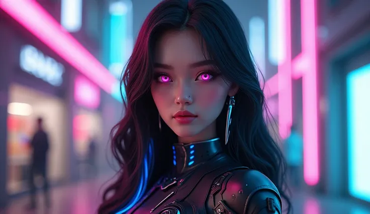 Young woman, in her twenties, black hair, blue on the inside back of hair, pink eyes, bold mechanical clothing, lush body, tall height, winning smile , videogame style, Light skin