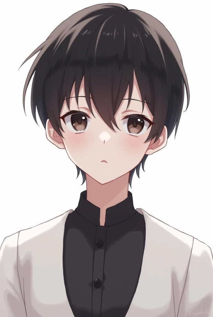 anime boy,  in front, dark brown eyes,  short black hair, black and white blouse, e background branco