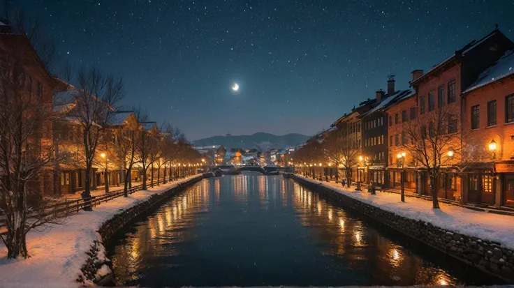 8k,masterpiece,Snowy winter scenery in Otaru Canal, Japan.a moonlit night but there are few lights and it has a solemn atmosphere.