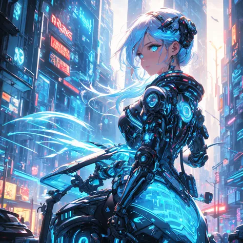 "A breathtaking cyberpunk-style portrait of a futuristic young woman with sleek silver hair cascading down her shoulders. She has captivating, glowing blue eyes that emit a mysterious light, complementing her high-tech aesthetic. Her outfit is a blend of a...