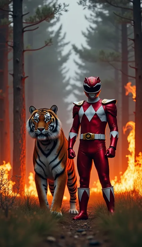 A dramatic scene with trees on fire, the flames illuminating the environment and creating intense orange reflections. The sky is cloudy, dark, but with good visibility, giving it an epic atmosphere. In the center, the red Power Ranger in his classic armor,...