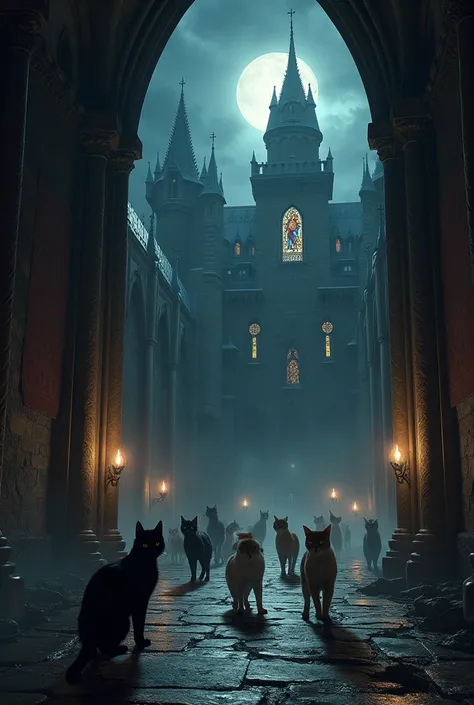 A dark castle full of different cats.