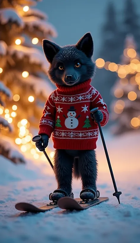 An adorable anthropomorphic wolf pup, dressed in a Christmas sweater adorned with festive Christmas motifs. The Cub Scout has a bright and fluffy black coat that is perfectly textured. He stands on classic skis, gliding gently holding a professional postur...