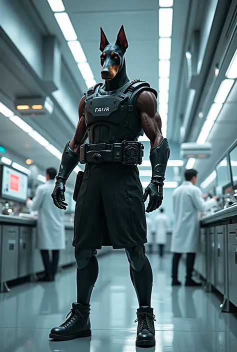 Create an image of a Doberman humanoid guarding a high-tech research laboratory. The Doberman humanoid should be standing in a sterile, futuristic environment with advanced scientific equipment and researchers in lab coats. The Doberman humanoid should be ...