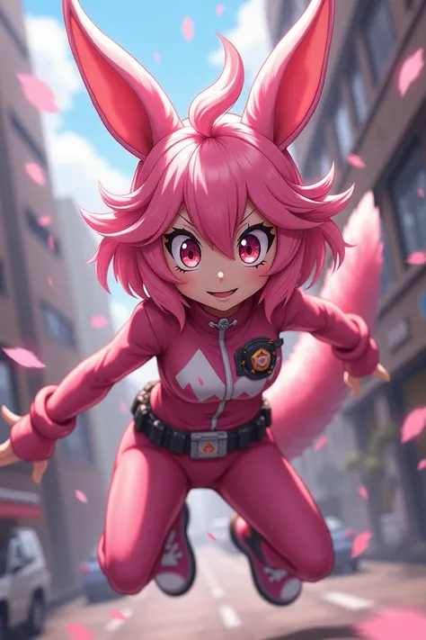 My Hero Academia character with kangaroo ears and tail. The palette should include pink, shoulder-length hair, fluffy but sharp