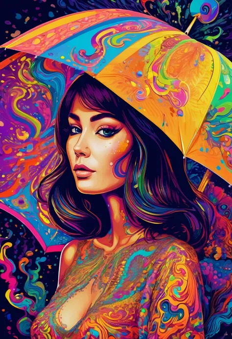 Psychedelic Abstract Art, Beautiful girl holding an umbrella、move to the right、Startle, Melting, Vibrant colors, Pop art paintings inspired by Michael DeForge, Dan Mumford, tumbler, Psychedelic Art, Psychedelic Illustration, Psychedelic Acid Trip, Psychede...