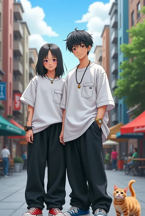 One man and one girl face the camera wearing a white oversize shirt and black oversize pants and using a white color watch and s dollar necklace and black hair in a beautiful city and a cat 