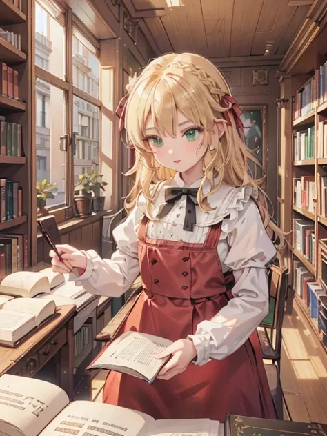 masterpiece,   best quality ,  Very detailed, 16k,   ultra high resolution,   girl,  detailed face ,  wavy hair, blonde hair ,Green Eyes,  braided ,  red ribbon on her head ,  black maid clothes,  western style building , Library ai, Bookshelf, Many books