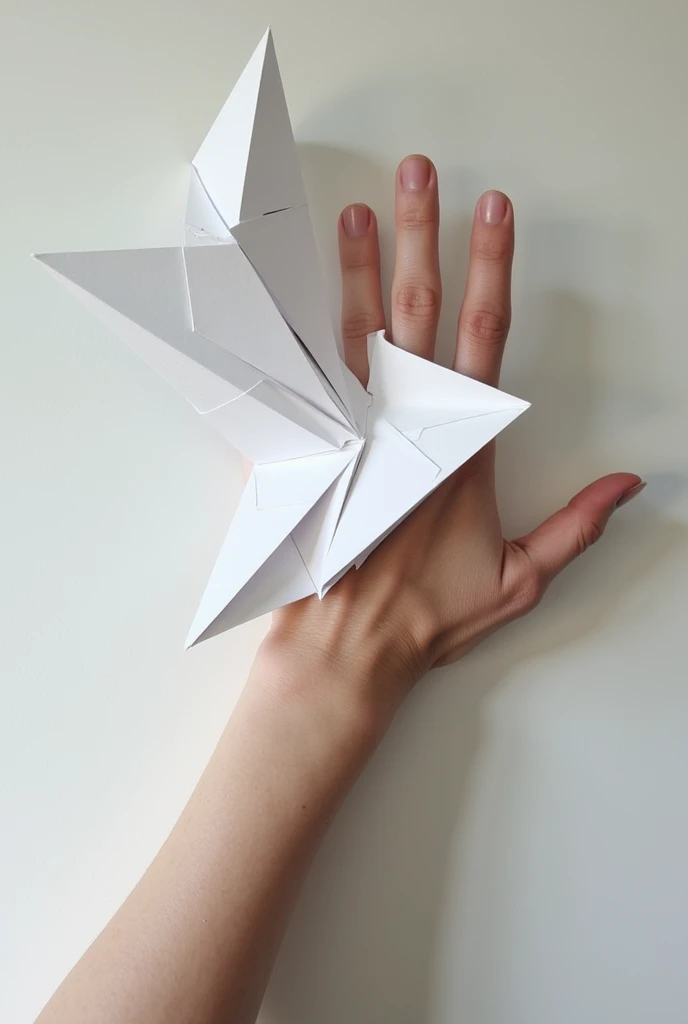 Made a  unique model  or accessory for human hand , shoulder neck или плечо  Cut аnd fold technique  аппликация in white paper with abstractive design с треугольниками the accessories for the hand на плечо или шею чтобы человек мог надеть  и двигать её с и...