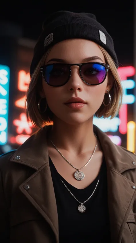 Face close up, alternative girl, watching over black sunglasses, jacket, necklace, neon light reflections on skin, ear ring, makeup, skin imperfection, short hair, beanie, neon lights background, low light, depth of field, highly detailed, high contrast, f...