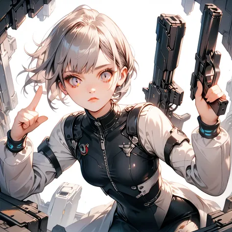 Masterpiece, high quality, detailed background, cartoon, petite figure, full body, beautiful face, long eyelashes, white skin, thin legs, gray hair, uniform, black tights, slit eyes, pointing gun, near future, science fiction, anxious face