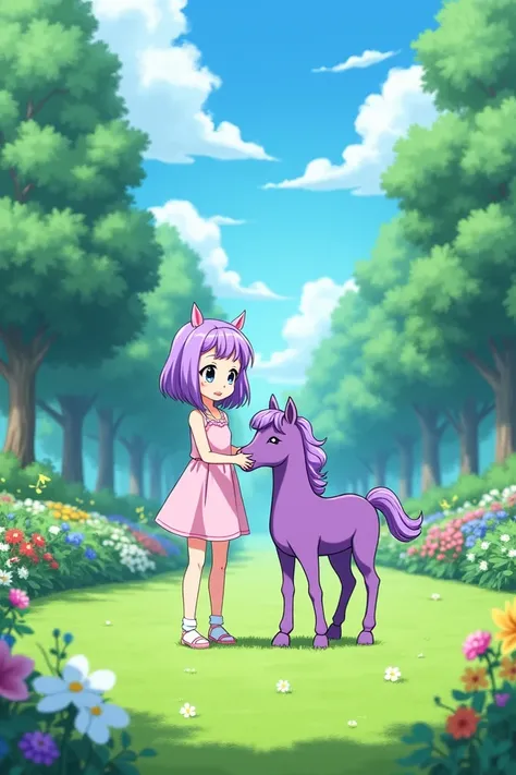 An anime girl with a short purple horse in a park with a garden and trees on a sunny day 