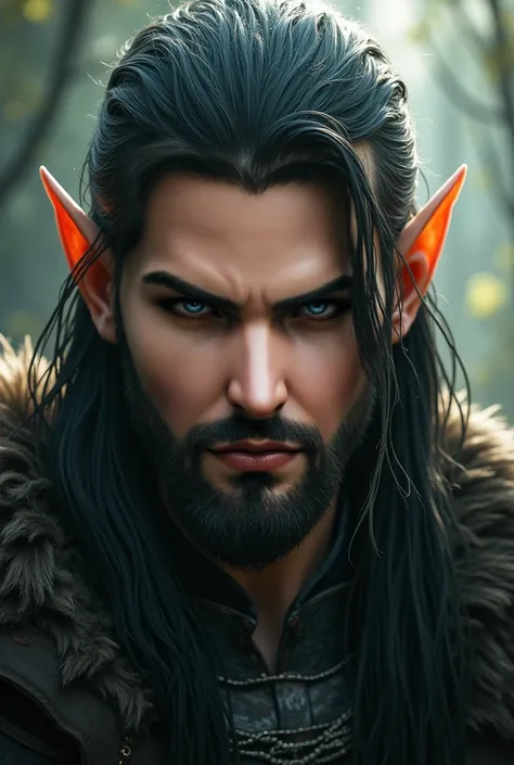 a male elf with long flowing hair, detailed facial features, intricate but short beard, piercing eyes, faint battle scars, fantasy portrait, cinematic lighting, high level of detail, digital painting, highly realistic, 8k, photorealistic, masterpiece