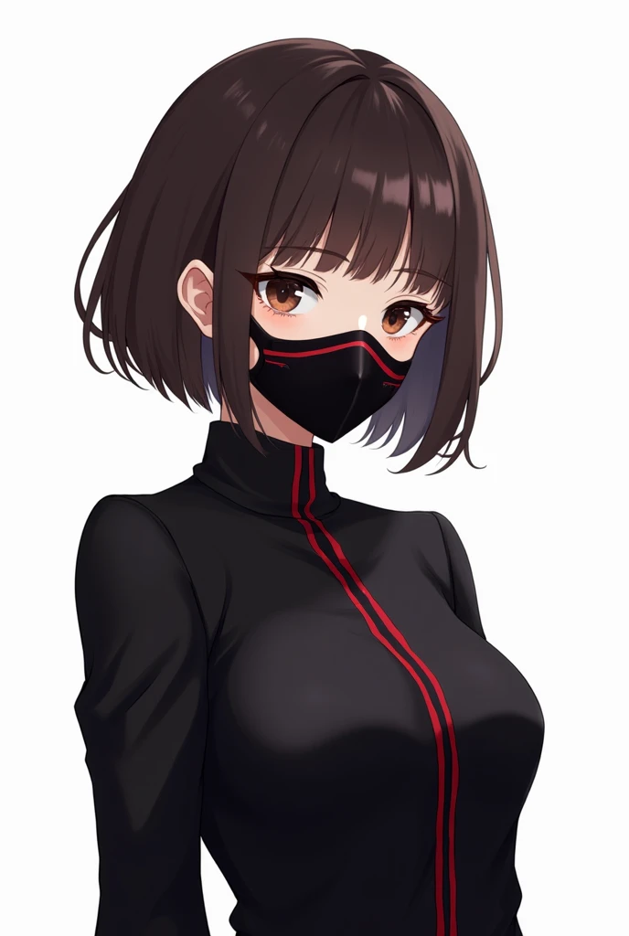 18-year-old anime ,  in front, dark brown eyes, Look calm and calm, black mask with red rays ,  short black hair,  black blouse with some red stripes, e background branco,