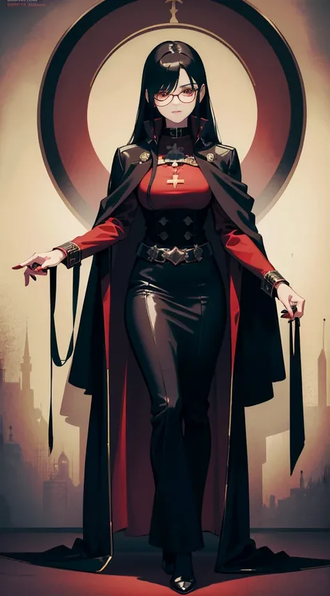 Hellsing style ,  ,  High resolution,  intricate details, ( Best Quality : 1.2), ( masterpiece : 1.2), 8k extremely detailed wallpaper of the CG unit, illustration, Original, RPG illustration of a woman in black coat and red shirt,  full body black and red...