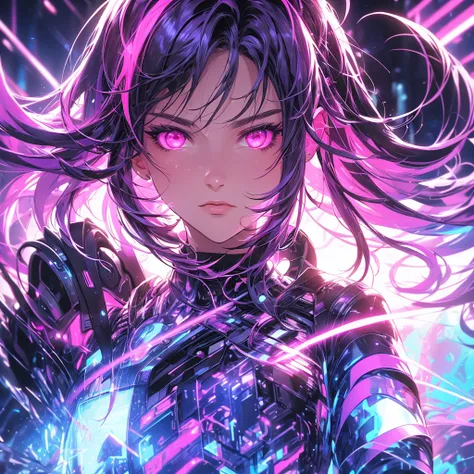 "A bold and intense close-up portrait of a young woman with striking dual-tone hair, blending black and vibrant purple with neon pink highlights. Her piercing, glowing magenta eyes radiate strength and mystery, captivating the viewer. She wears a futuristi...