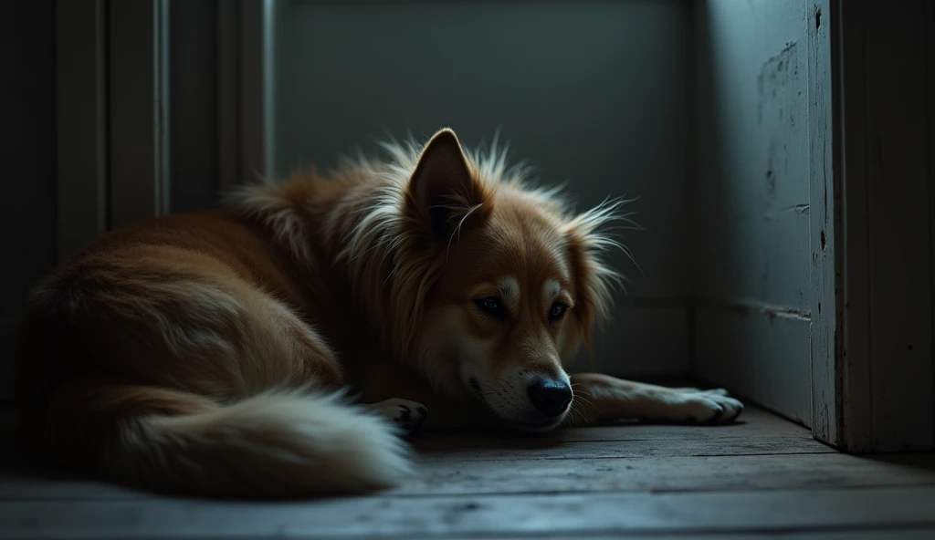  A dog lying in a corner,  with a sad look, suggesting discomfort .