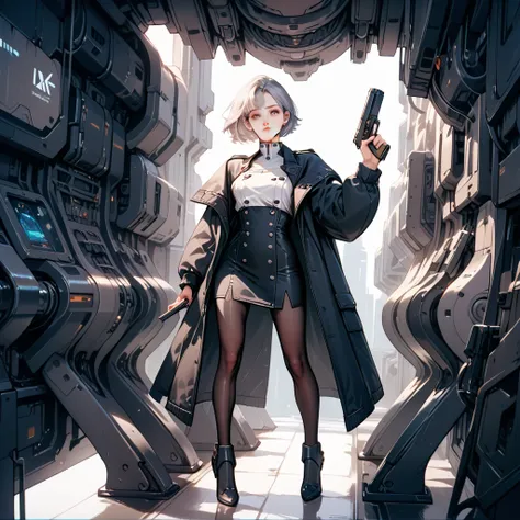 Masterpiece, high quality, detailed background, cartoon, petite figure, full body, beautiful face, long eyelashes, white skin, thin legs, gray hair, uniform, black tights, slit eyes, pointing gun, near future, science fiction, anxious face