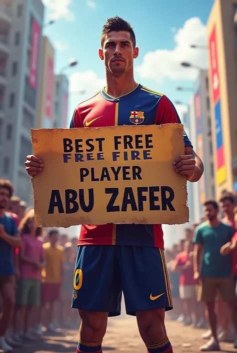 Cristiano holds a banner with the words “Best Free Fire Player Abu Zafer”