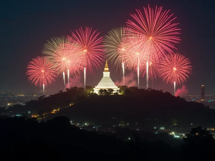 Masterpiece, photorealistic, 8k resolution, A panoramic view of a nighttime fireworks display over a Thai Temples at hilltop illuminated with lights. Multiple fireworks bursts are visible in vibrant colors of red, green, and gold, against a dark night sky....