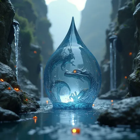 drop of water circular water sphere with movement, shiny. subtle semi-figure (disguised) of a dragon, floating in the air between two rocks with a small waterfall, small rows of water falling and dripping on mountainous rocks, with small orange pieces of e...