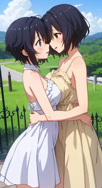 Big Breasts:1.2、、  best quality 、 Very detailed、Highly realistic eye masterpiece、  best quality 、 Very detailed、Blue-black hair、 perfect face、 short hair 、 white dress、sundress、Lily、 two girls、Anime、{{kissu、countryside