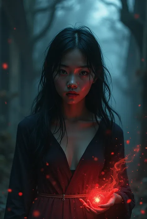 A asian lady looks innocent, horror type background, image in black red and blue.
also add font  Once There Was a Jinn  with flame effect
