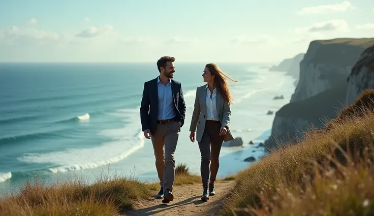 Two coworkers walking side by side on a scenic cliffside trail overlooking the ocean. They maintain a respectful distance but exchange friendly smiles, symbolizing mutual understanding and respect. The dramatic view of waves crashing below and the vast ope...