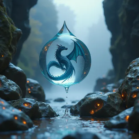 drop of water circular water sphere with movement, shiny. subtle semi-figure (disguised) of a dragon, floating in the air between two rocks with a small waterfall, small rows of water falling and dripping on mountainous rocks, with small orange pieces of e...