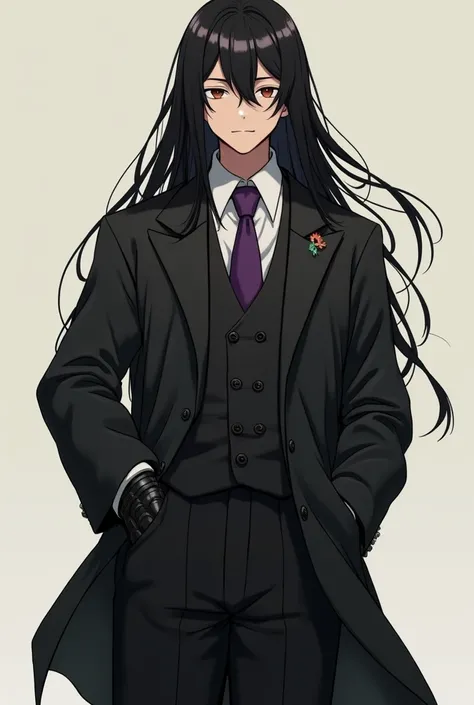 Live Action pre teen Asian boy with Long Flowing black Hair, Wearing a LONG Sleeved, Baggy Black Double Breasted Suit that reaches the ground over a Baggy White Dress shirt Properly Tucked in With The Sleeves Covering the Palms and Purple tie tied Tightly ...