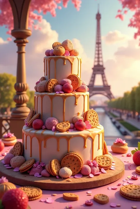  Cake with cookies , sirup , sweets, The Eiffel Tower and a lot of shine 