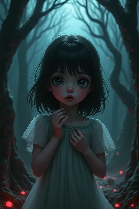 A girl looka innocent, horror type background, image in black red and blue