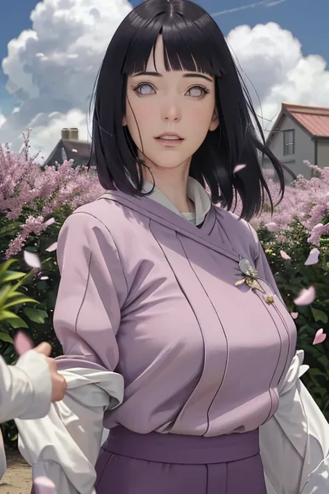 masterpiece, absurdres, Hinata(boruto), 1 , Alone, mature woman, purple coat, overlapping sleeves , brown pants,   outdoor,lavender flower field,  looking at the spectator, (falling petals), cloudy sky,  perfect composition , detailed lips,  Big breasts , ...