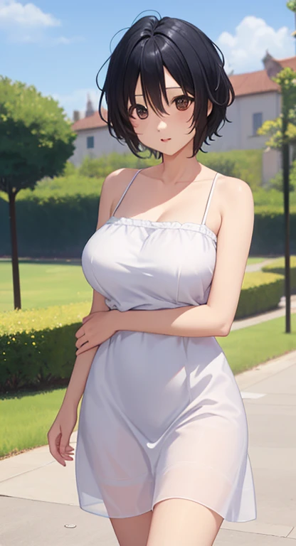 Big Breasts:1.2、、  best quality 、 Very detailed、Highly realistic eye masterpiece、  best quality 、 Very detailed、Blue-black hair、 perfect face、 short hair 、 white dress、sundress、countryside