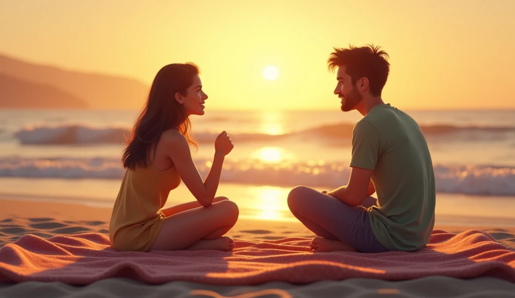 Two friends sitting at opposite ends of a large picnic blanket on a sandy beach at sunset. They are engaged in a calm conversation, with their gestures showing openness and respect. The peaceful ocean waves and the warm tones of the setting sun create a ha...