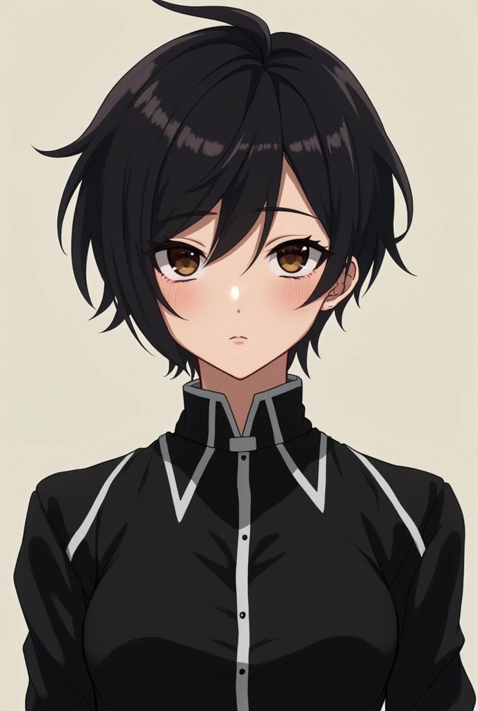 Young 18-year-old man realistic anime ,  from the front looking intently at the camera , dark brown eyes, Look calm and calm,  short black hair,  black blouse with radical white details, e background branco,