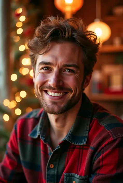 1 young men, brown air, smile, Christmas,  camera, hostel, Résolution Haute, 