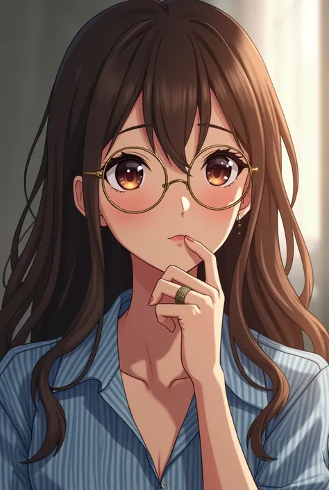 an anime girl, longer brown hair, gold glasses, blue stripped blouse a marriage ring on her finger