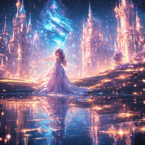 "A mesmerizing scene featuring a young woman in a flowing, celestial-themed dress adorned with shimmering stars and hues of blue, purple, and pink. She stands gracefully by a reflective surface overlooking a serene lake, with distant mountains and a vibran...