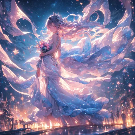 "A mesmerizing scene featuring a young woman in a flowing, celestial-themed dress adorned with shimmering stars and hues of blue, purple, and pink. She stands gracefully by a reflective surface overlooking a serene lake, with distant mountains and a vibran...