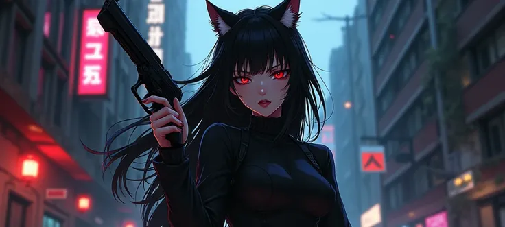  Create me an anime-style picture of a cute but dangerously looking girl with black hair and wolf ears,She has red eyes and she has black classy Mafia Queen clothes on and a pistol in her hand .She is standing in a dark alley in a city .