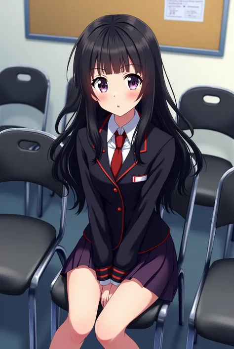 Tall animated teenage girl with black hair with waves brunette wearing black school uniform with red and purple details sitting on a metal chair with several metal chairs at her side and with a background or a bulletin board