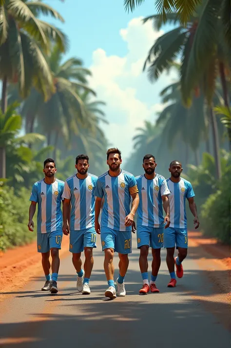 Lionel messi and his argentina football team in jersy walking though the roads in kerala. One side of the road is full of coconut trees. On the other side of the road in a dry paddy field after harvest, lots of keralite people playing football.