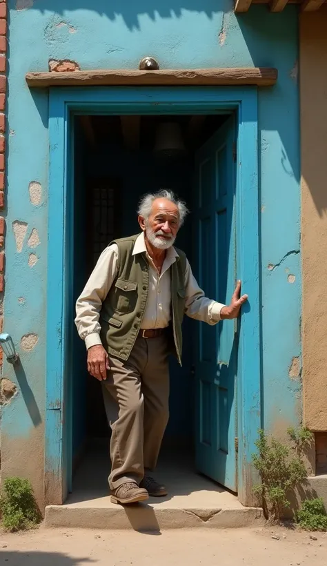 An old man opens the door of his light blue house that was in an alley. 