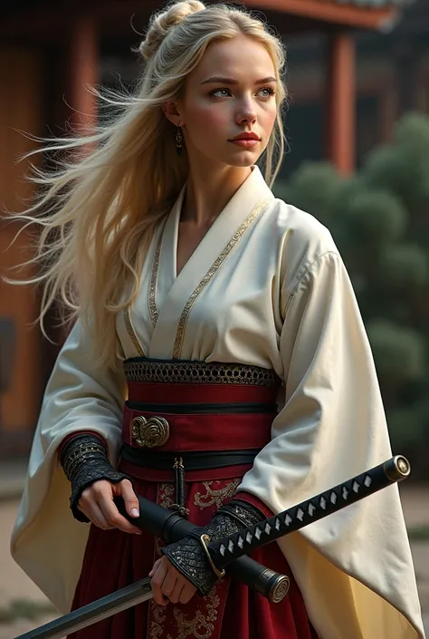 A woman dressed as a samurai、Age 19、Beauty、Blonde、Westerners、 medium hair 、Holding a Japanese sword