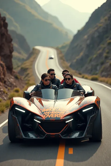  A group of 4 people on a road with dangerous curves in a futuristic vehicle that says "The immortals and iron lovers "  ready for the Caminos del Inka 2024 rally 