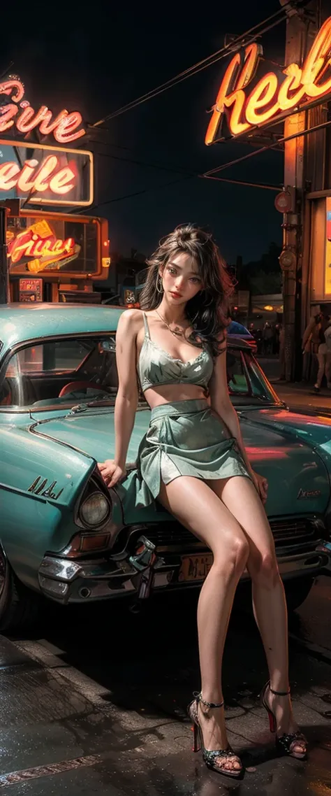 ((masterpiece, highest quality, Highest image quality, High resolution, photorealistic, Raw photo, 8K)), arafed view of a motel with a car parked in front of it, with neon signs, A woman waiting for a guest in front of a motel, seduction, short dress with ...