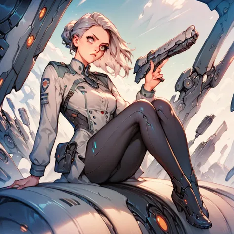 Masterpiece, high quality, detailed background, cartoon, petite figure, full body, beautiful face, long eyelashes, white skin, thin legs, gray hair, uniform, black tights, slit eyes, pointing gun, near future, science fiction, anxious face