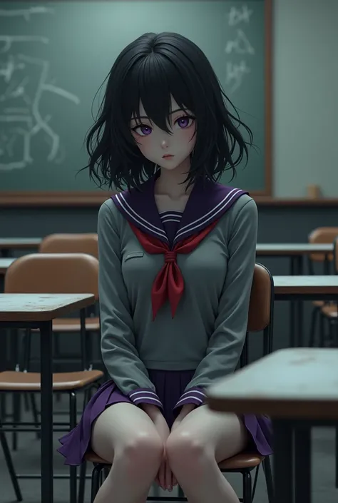 Black-haired teenage girl with waves wearing gray uniform with red and purple details sitting on a metal chair with several metal chairs next to her and with a school board in the background